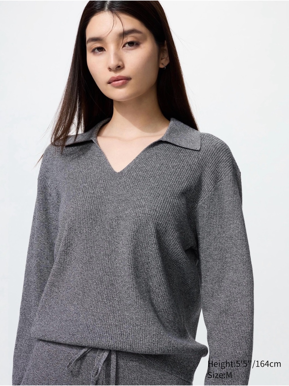 Uniqlo Gray Washable Rib Knit Collared V‑Neck Sweater & Pants SET